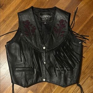 Unik Black Leather Vest with Fringe and Embroidery